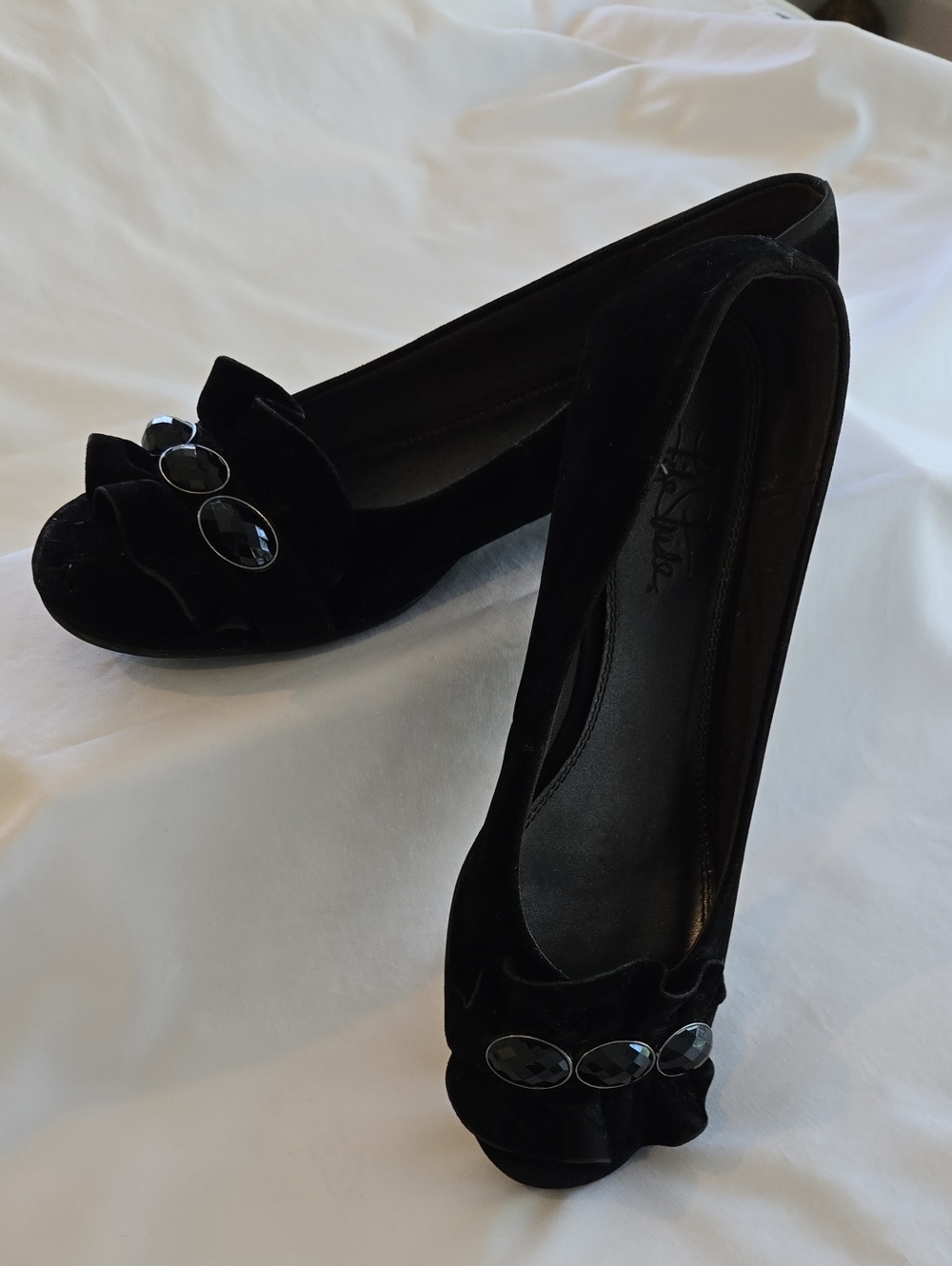 Life Stride Black Velvet Low Wedge Dress Shoes with Gem & Ruffle Embellishments